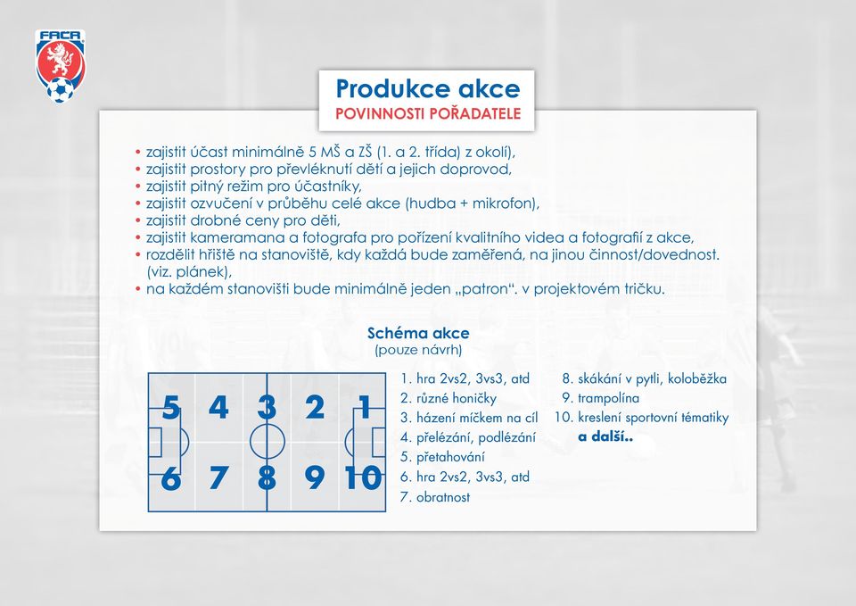 zajistit kameramana a fotografa pro pořízení kvalitního videa a fotografií z akce, rozdělit hřiště na stanoviště, kdy každá bude zaměřená, na jinou činnost/dovednost. (viz.