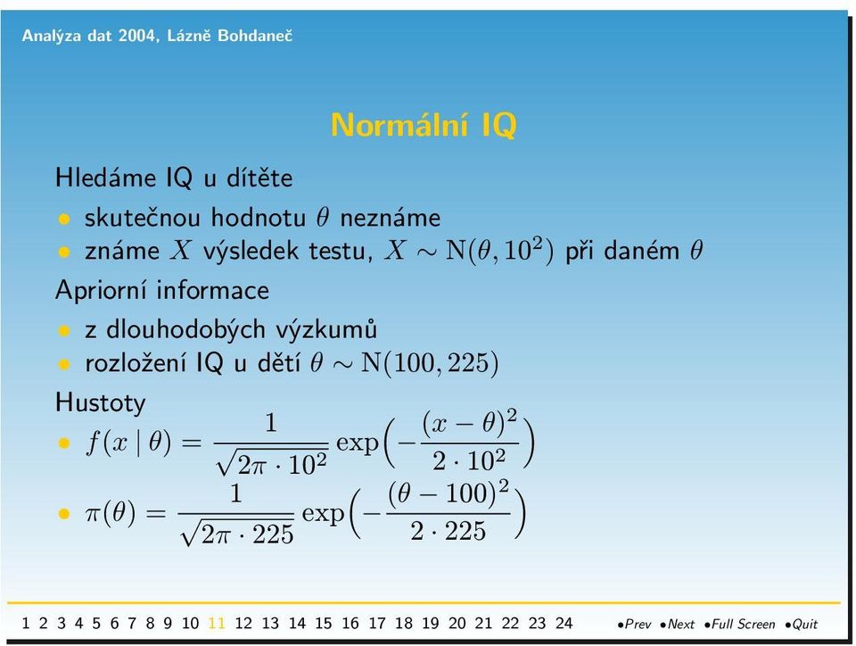 dlouhodobých výzkumů rozložení IQ u dětí θ N(100, 225) Hustoty 1 (