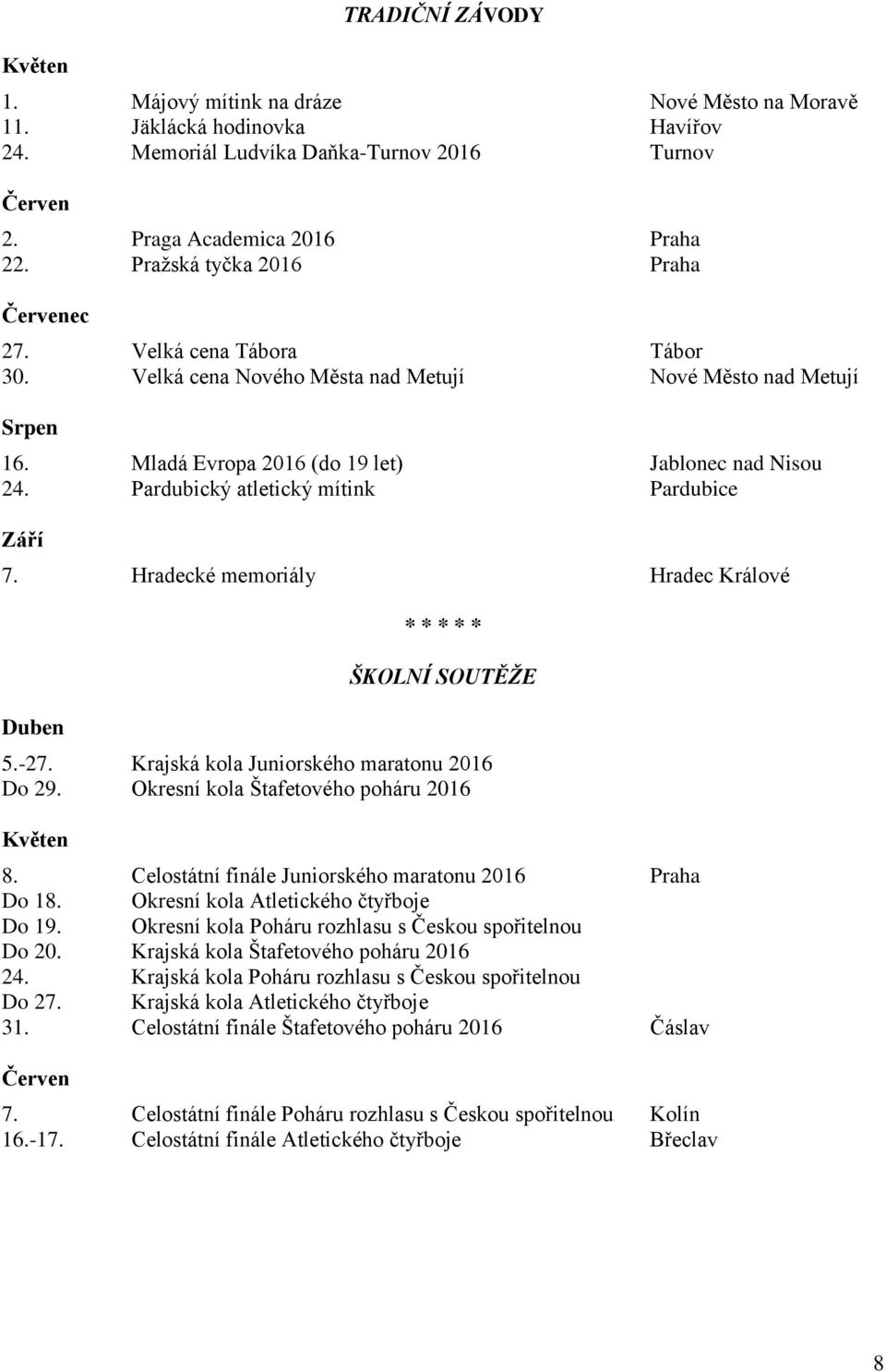 Pardubický atletický mítink Pardubice Září 7. Hradecké memoriály Hradec Králové Duben * * * * * ŠKOLNÍ SOUTĚŽE 5.-27. Krajská kola Juniorského maratonu 2016 Do 29.