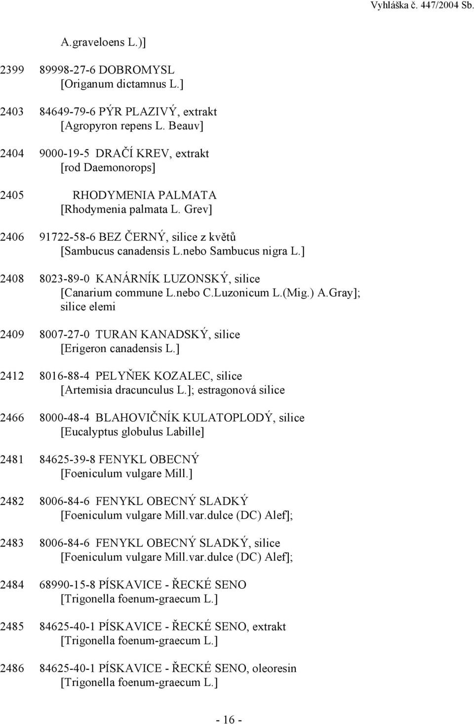 ] 2408 8023-89-0 KANÁRNÍK LUZONSKÝ, silice [Canarium commune L.nebo C.Luzonicum L.(Mig.) A.Gray]; silice elemi 2409 8007-27-0 TURAN KANADSKÝ, silice [Erigeron canadensis L.