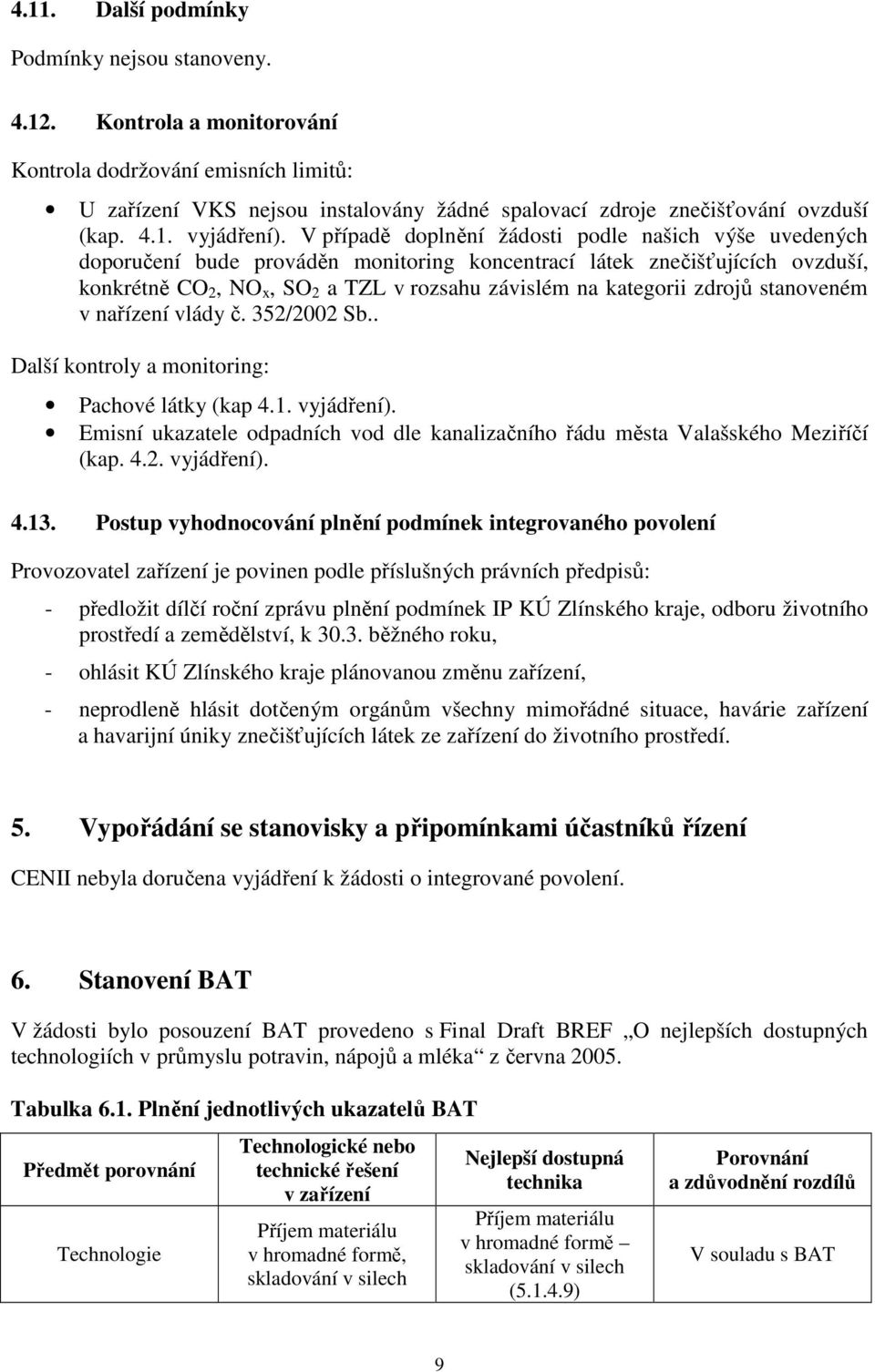 V případě doplnění žádosti podle našich výše uvedených doporučení bude prováděn monitoring koncentrací látek znečišťujících ovzduší, konkrétně CO 2, NO x, SO 2 a TZL v rozsahu závislém na kategorii