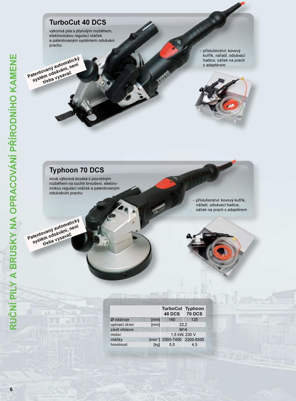 Patentovaný automatický systém odsávání, není třeba vysavač TurboCut Typhoon 40 DCS 70 DCS nástroje 160 125 upínací otvor 22,2 závit vřetene M14 motor 1,5 kw, 230 V otáčky [min -1 ]