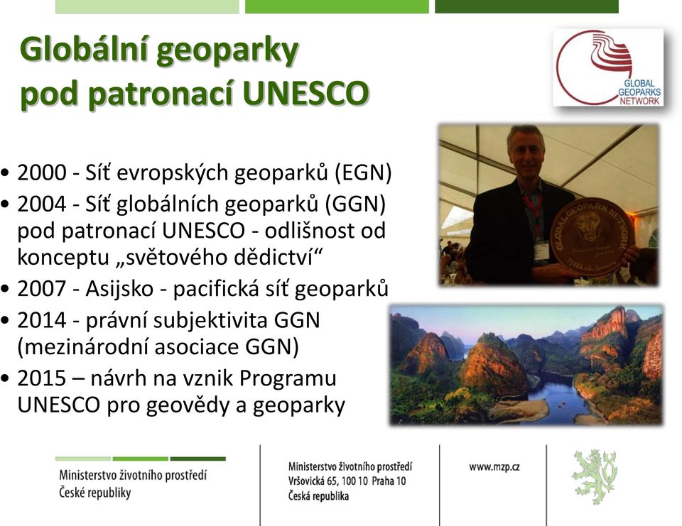 světového dědictví 2007 - Asijsko - pacifická síť geoparků 2014 - právní