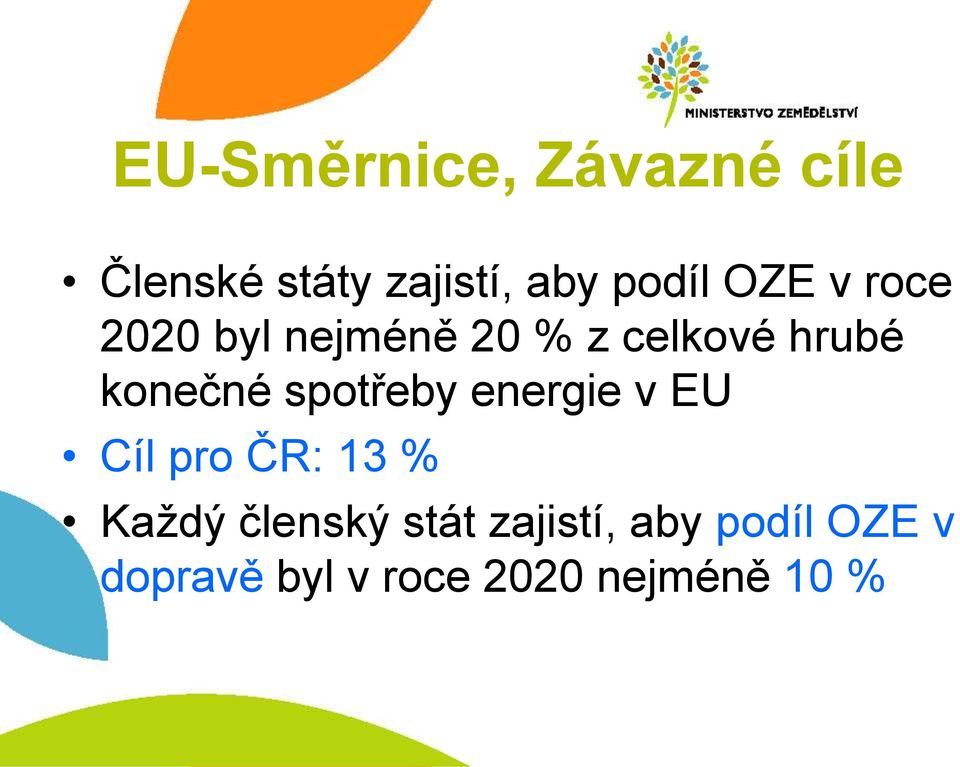 spotřeby energie v EU Cíl pro ČR: 13 % Každý členský stát