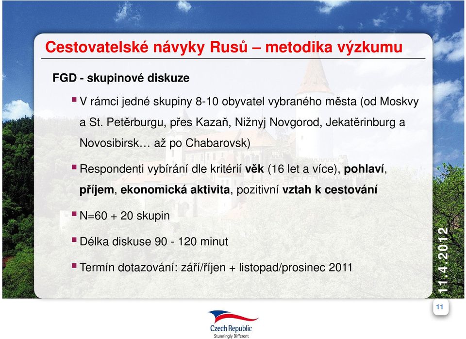 Petěrburgu, přes Kazaň, Nižnyj Novgorod, Jekatěrinburg a Novosibirsk až po Chabarovsk) Respondenti vybírání dle