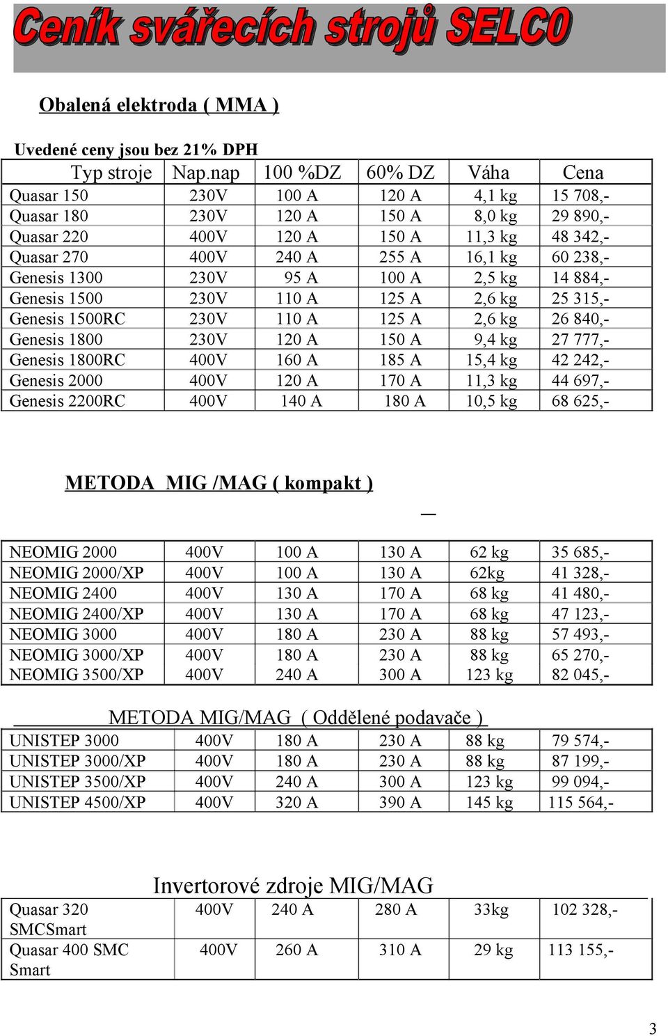 60 238,- Genesis 1300 230V 95 A 100 A 2,5 kg 14 884,- Genesis 1500 230V 110 A 125 A 2,6 kg 25 315,- Genesis 1500RC 230V 110 A 125 A 2,6 kg 26 840,- Genesis 1800 230V 120 A 150 A 9,4 kg 27 777,-