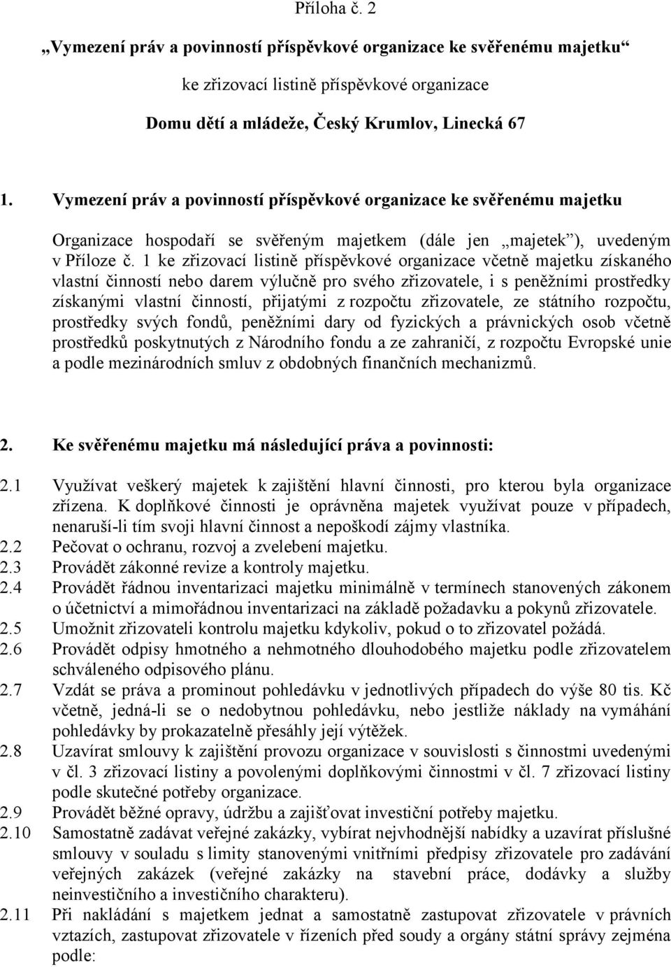 1 ke zřizovací listině příspěvkové organizace včetně majetku získaného vlastní činností nebo darem výlučně pro svého zřizovatele, i s peněžními prostředky získanými vlastní činností, přijatými z