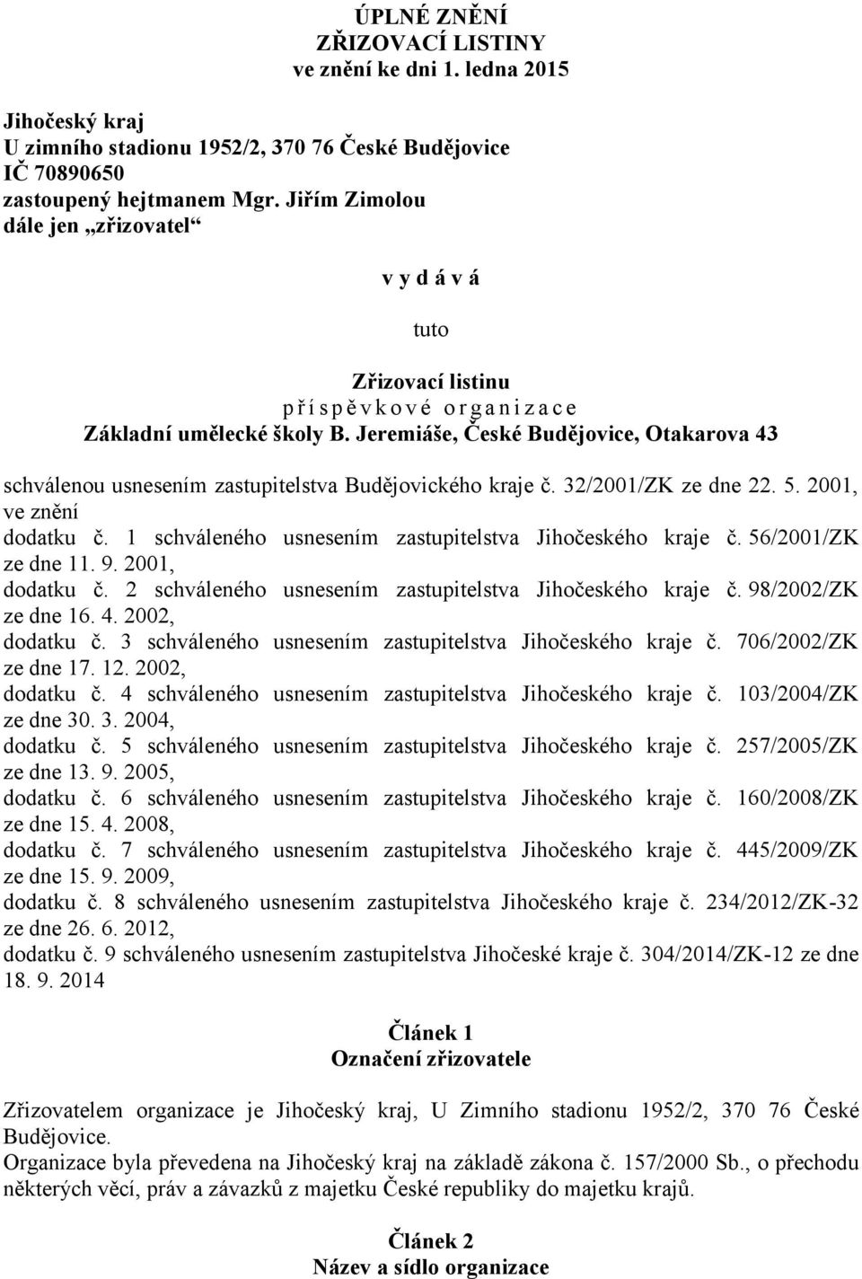 Jeremiáše, České Budějovice, Otakarova 43 schválenou usnesením zastupitelstva Budějovického kraje č. 32/2001/ZK ze dne 22. 5. 2001, ve znění dodatku č.