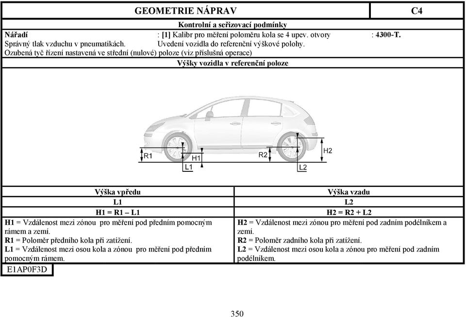 Ozubená tyč řízení nastavená ve střední (nulové) poloze (viz příslušná operace) Výšky vozidla v referenční poloze Výška vpředu L1 H1 = R1 L1 H1 = Vzdálenost mezi zónou pro měření pod
