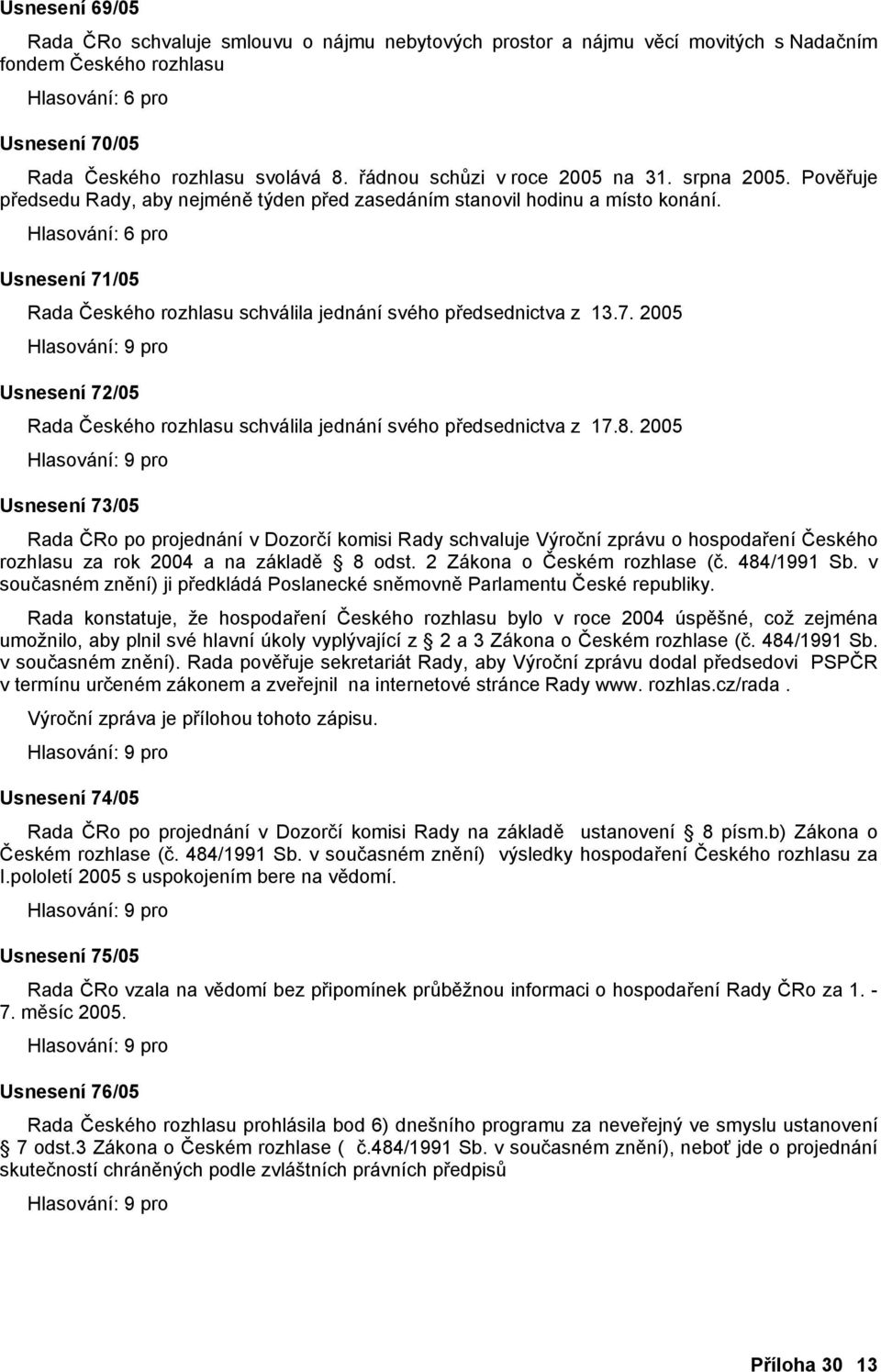 Usnesení 71/05 Rada Českého rozhlasu schválila jednání svého předsednictva z 13.7. 2005 Usnesení 72/05 Rada Českého rozhlasu schválila jednání svého předsednictva z 17.8.