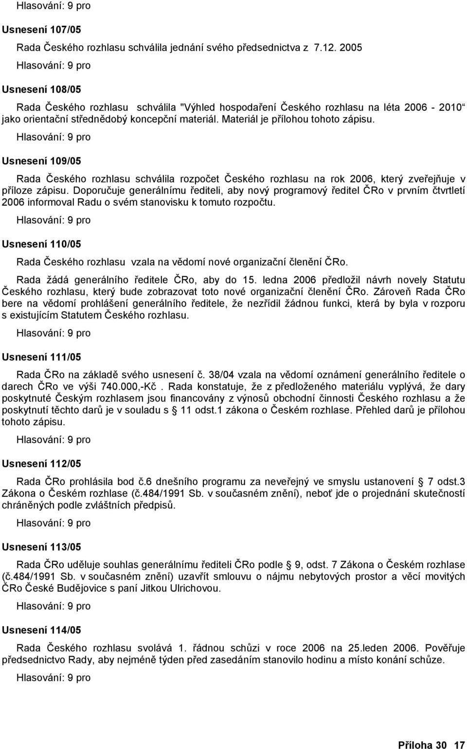 Usnesení 109/05 Rada Českého rozhlasu schválila rozpočet Českého rozhlasu na rok 2006, který zveřejňuje v příloze zápisu.