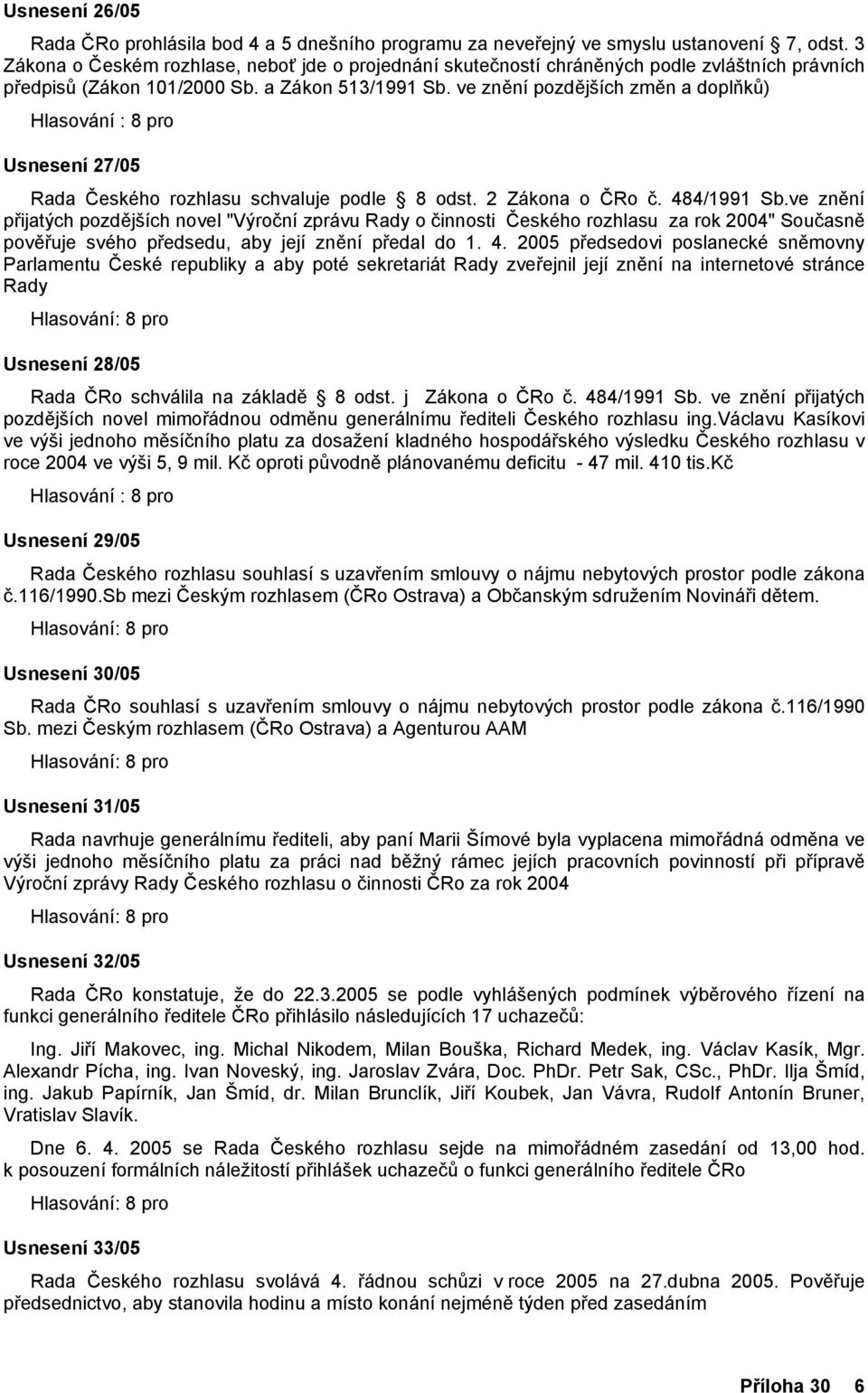 ve znění pozdějších změn a doplňků) Hlasování : 8 pro Usnesení 27/05 Rada Českého rozhlasu schvaluje podle 8 odst. 2 Zákona o ČRo č. 484/1991 Sb.