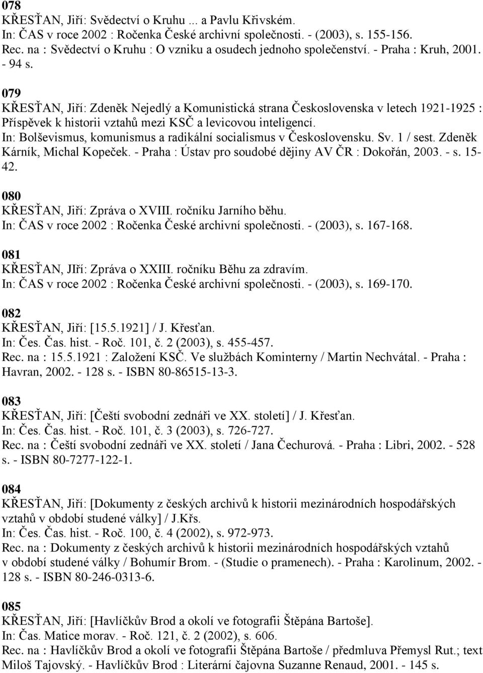 079 KŘESŤAN, Jiří: Zdeněk Nejedlý a Komunistická strana Československa v letech 1921-1925 : Příspěvek k historii vztahŧ mezi KSČ a levicovou inteligencí.