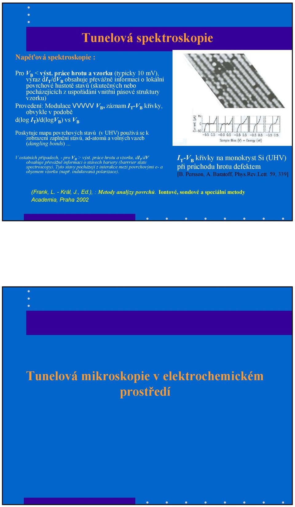 Provedení: Modulace VVVVV V B, záznam I T -V B křivky, obvykle v podobě d(log I T )/d(logv B ) vs V B Poskytuje mapu povrchových stavů (v UHV) používá se k zobrazení zaplnění stavů, ad-atomů a