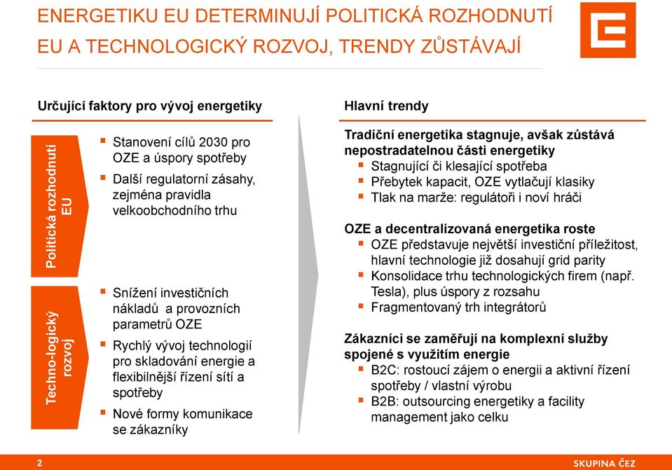 energie a flexibilnější řízení sítí a spotřeby Nové formy komunikace se zákazníky Tradiční energetika stagnuje, avšak zůstává nepostradatelnou části energetiky Stagnující či klesající spotřeba