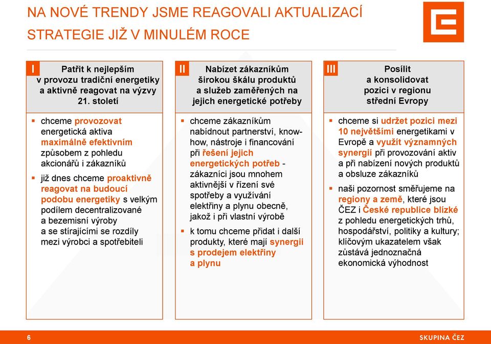 maximálně efektivním způsobem z pohledu akcionářů i zákazníků již dnes chceme proaktivně reagovat na budoucí podobu energetiky s velkým podílem decentralizované a bezemisní výroby a se stírajícími se