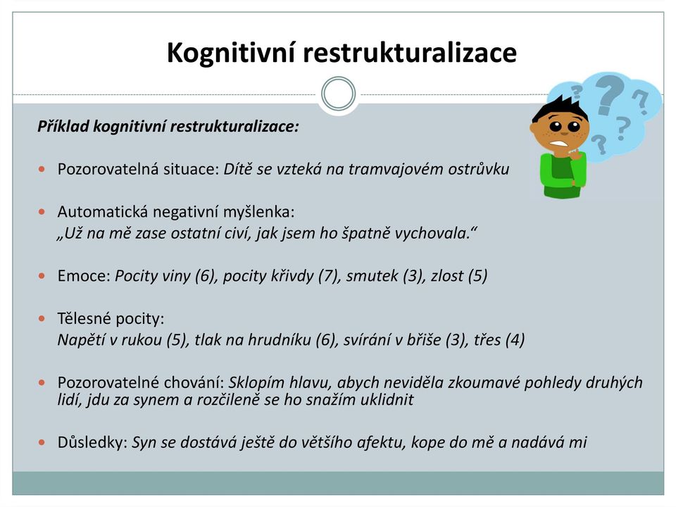 Emoce: Pocity viny (6), pocity křivdy (7), smutek (3), zlost (5) Tělesné pocity: Napětí v rukou (5), tlak na hrudníku (6), svírání v břiše (3),