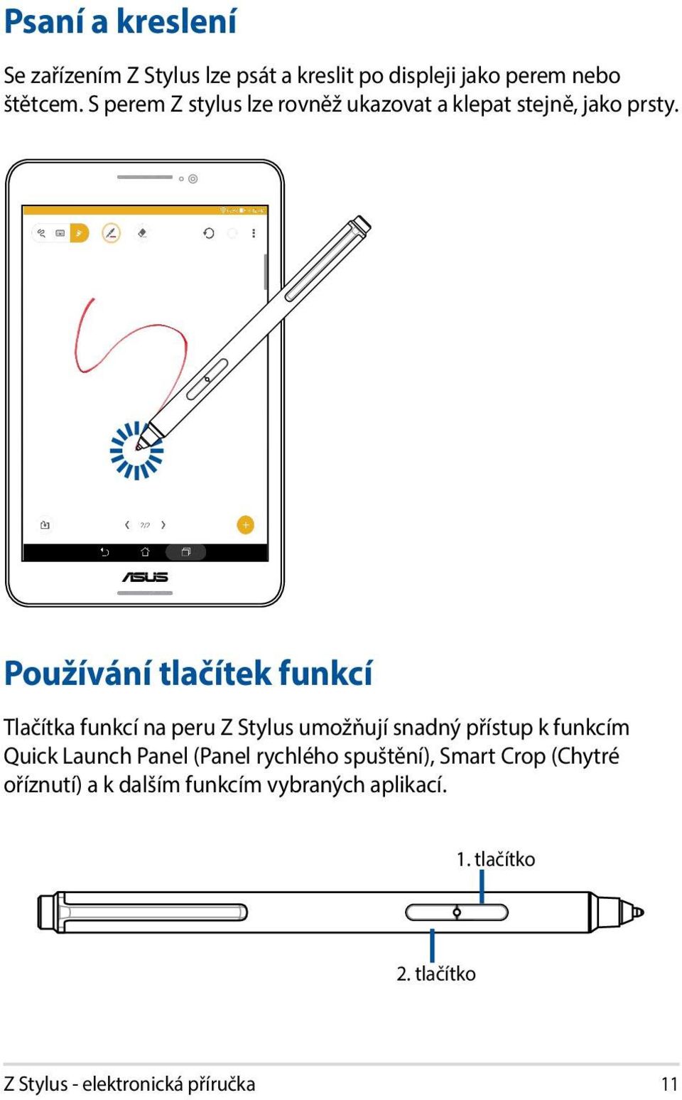 Používání tlačítek funkcí Tlačítka funkcí na peru Z Stylus umožňují snadný přístup k funkcím Quick Launch