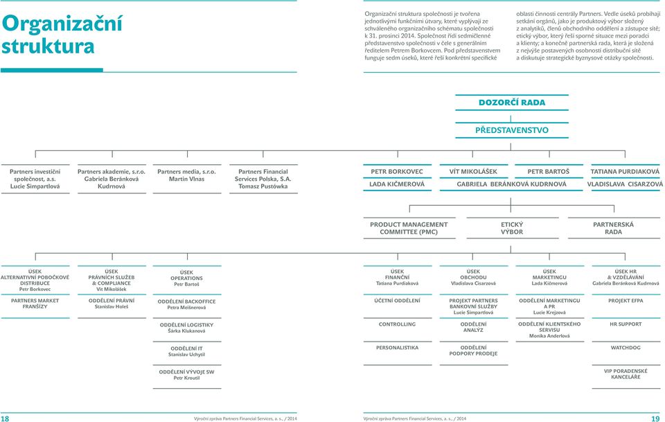 Pod představenstvem funguje sedm úseků, které řeší konkrétní specifické oblasti činnosti centrály Partners.