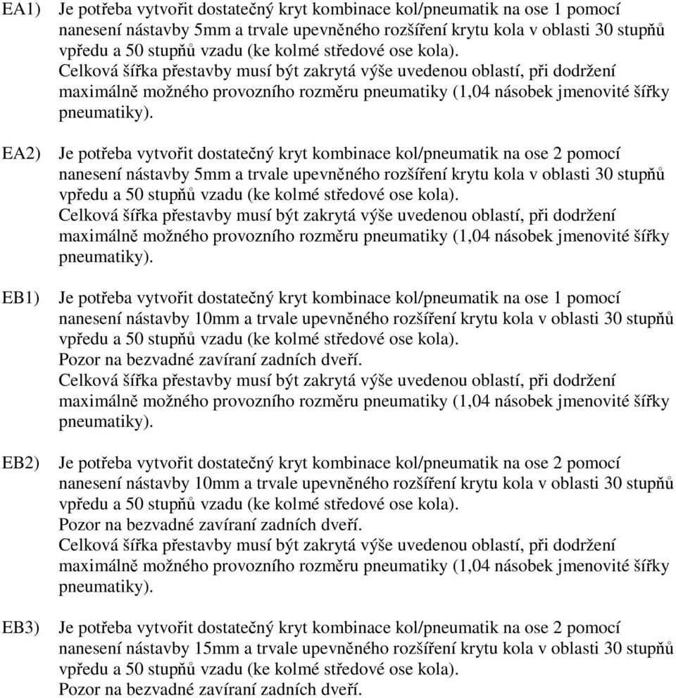 EA2) Je potřeba vytvořit dostatečný kryt kombinace kol/pneumatik na ose 2 pomocí nanesení nástavby 5mm a trvale upevněného rozšíření krytu kola v oblasti 30 stupňů vpředu a 50 stupňů vzadu (ke kolmé 