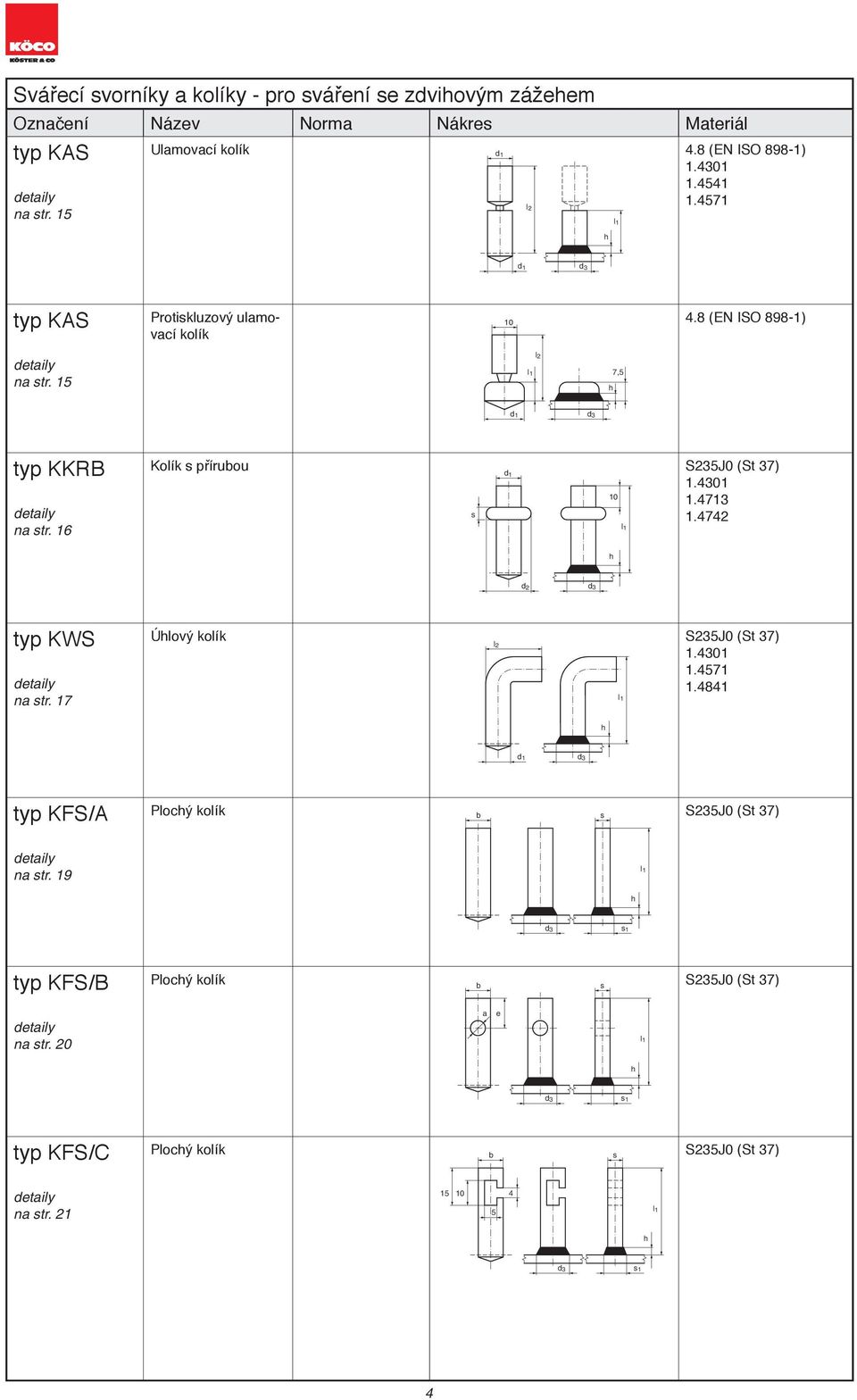 Kolík s příruou s S2J0 (St 37) 1.41 1.4742 KÖCO Typ KKRB d2 typ KWS na str. 17 Úlový kolík l2 KÖCO Typ KWS S2J0 (St 37) 1.41 1.71 typ KFS/A Plocý kolík s S2J0 (St 37) na str.