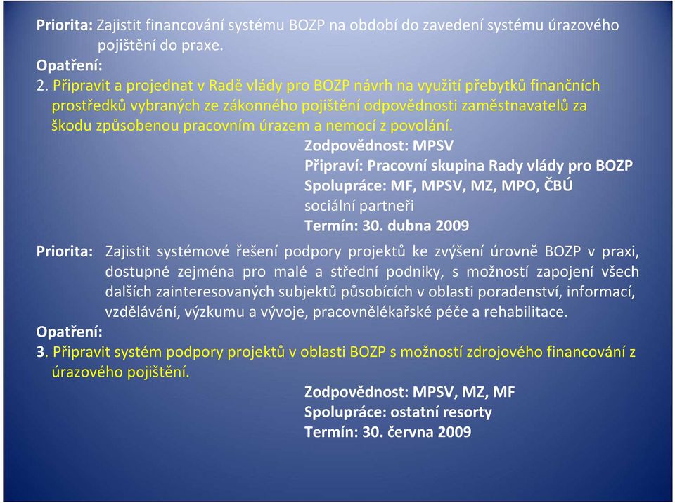 z povolání. Zodpovědnost: MPSV Připraví: Pracovní skupina Rady vlády pro BOZP Spolupráce: MF, MPSV, MZ, MPO, ČBÚ sociální partneři Termín: 30.