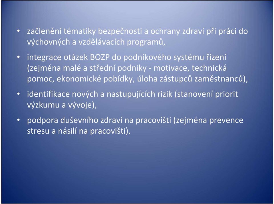 ekonomické pobídky, úloha zástupců zaměstnanců), identifikace nových a nastupujících rizik