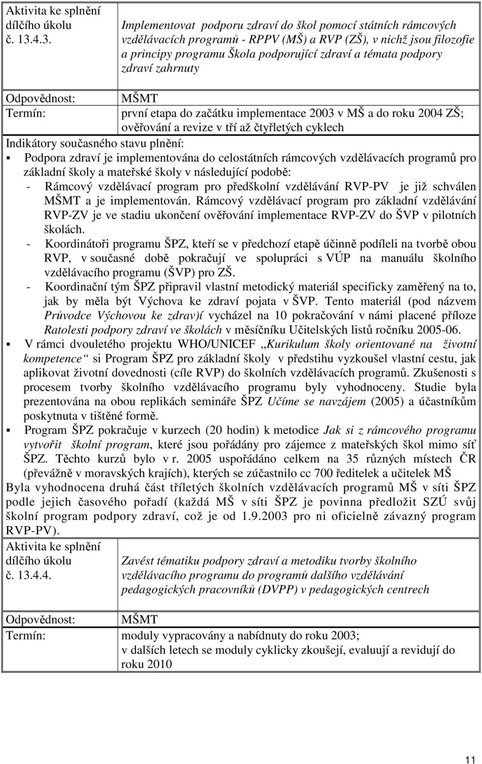 zdraví zahrnuty první etapa do začátku implementace 2003 v MŠ a do roku 2004 ZŠ; ověřování a revize v tří až čtyřletých cyklech Indikátory současného stavu plnění: Podpora zdraví je implementována do