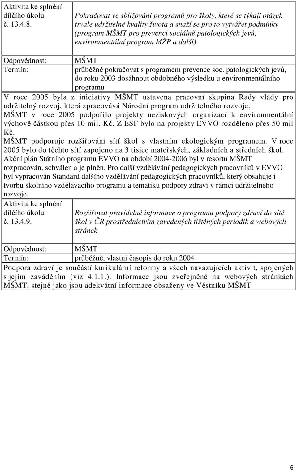 environmentální program MŽP a další) pokračovat s programem prevence soc.