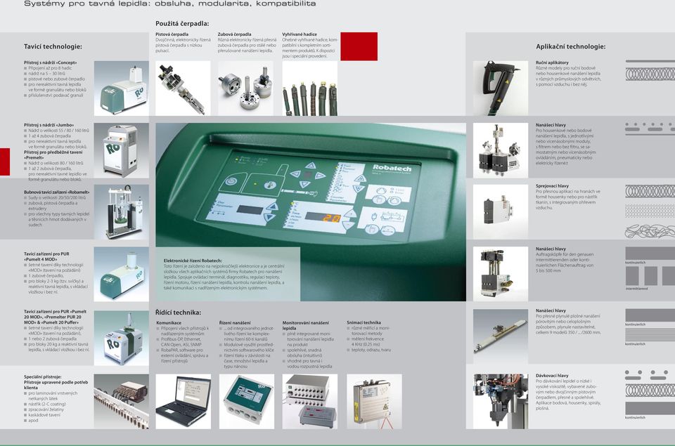 Zubová čerpadla Různá elektronicky řízená přesná zubová čerpadla pro stálé nebo přerušované nanášení lepidla. Vyhřívané hadice Ohebné vyhřívané hadice, kompatibilní s kompletním sortimentem produktů.