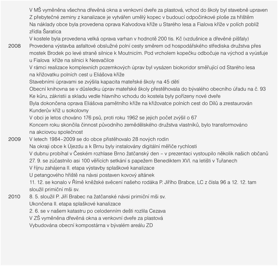 Kč (vzdušnice a dřevěné píšťaly) 2008 Provedena výstavba asfaltové obslužné polní cesty směrem od hospodářského střediska družstva přes mostek Brodek po levé straně silnice k Moutnicím.