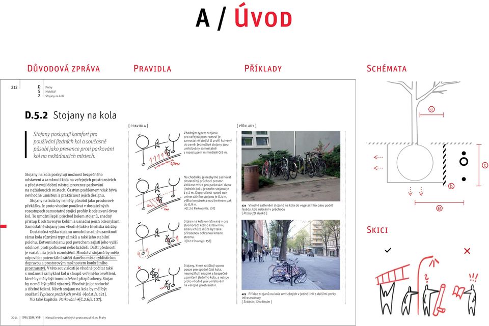 [ pravidla ] [ příklady ] Vhodným typem stojanu pro veřejná prostranství je samostatně stojící U profil kotvený do země. Jednotlivé stojany jsou umísťovány samostatně s rozestupem minimálně 0,9 m.