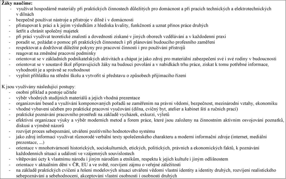 dovednosti získané v jiných oborech vzdělávání a v každodenní praxi - poradit se, požádat o pomoc při praktických činnostech i při plánování budoucího profesního zaměření - respektovat a dodržovat