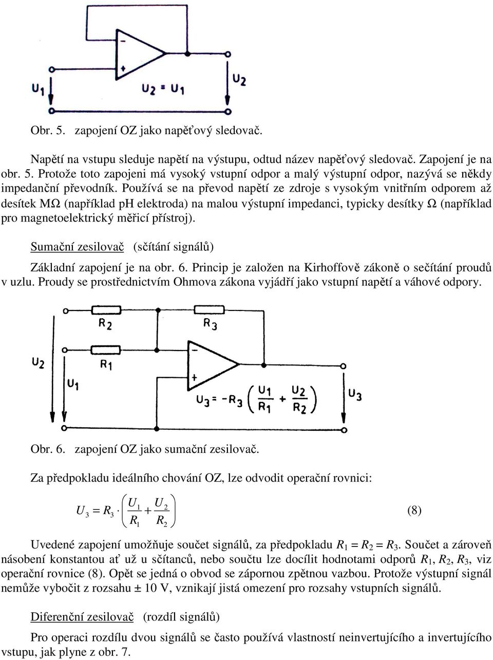 přístroj). Sumační zesilovač (sčítání signálů) Základní zapojení je na obr. 6. Princip je založen na Kirhoffově zákoně o sečítání proudů v uzlu.
