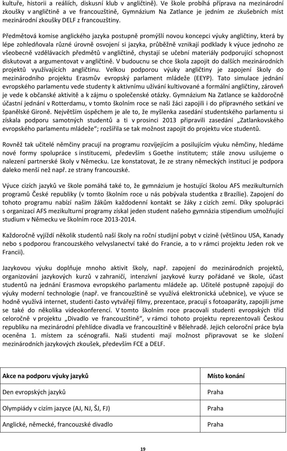 Předmětová komise anglického jazyka postupně promýšlí novou koncepci výuky angličtiny, která by lépe zohledňovala různé úrovně osvojení si jazyka, průběžně vznikají podklady k výuce jednoho ze