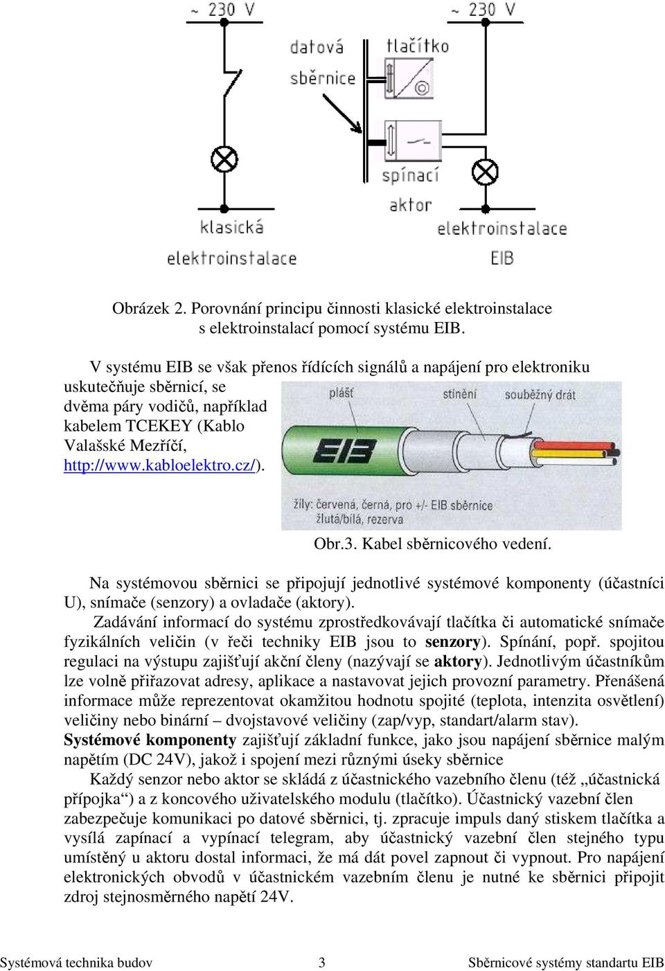 Obr.3. Kabel sběrnicového vedení. Na systémovou sběrnici se připojují jednotlivé systémové komponenty (účastníci U), snímače (senzory) a ovladače (aktory).