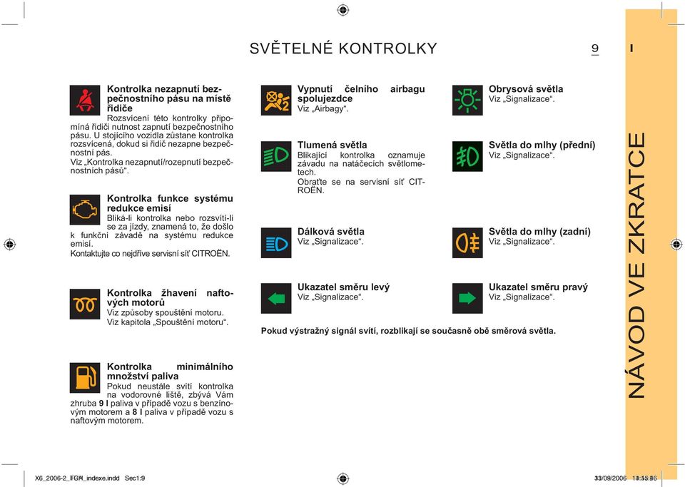 Kontrolka funkce systému redukce emisí Bliká-li kontrolka nebo rozsvítí-li se za jízdy, znamená to, že došlo k funkční závadě na systému redukce emisí. Kontaktujte co nejdříve servisní síť CITROËN.