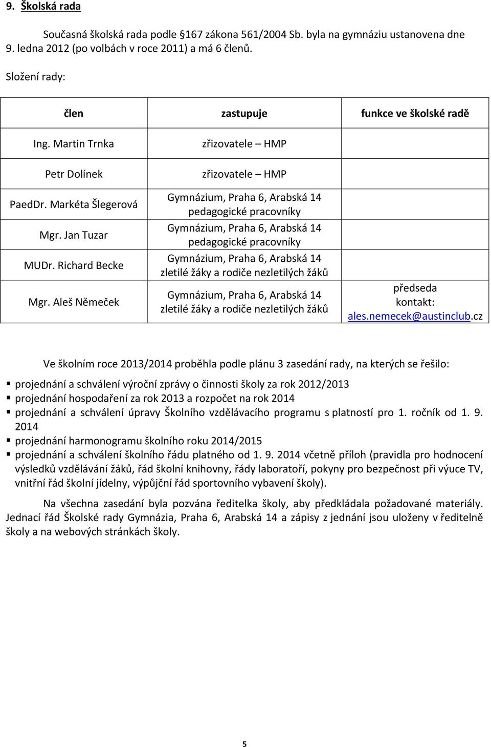 Aleš Němeček zřizovatele HMP Gymnázium, Praha 6, Arabská 14 pedagogické pracovníky Gymnázium, Praha 6, Arabská 14 pedagogické pracovníky Gymnázium, Praha 6, Arabská 14 zletilé žáky a rodiče