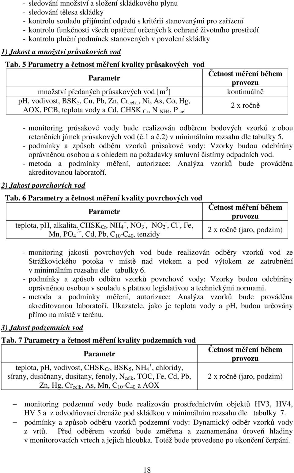 5 Parametry a četnost měření kvality průsakových vod Parametr množství předaných průsakových vod [m 3 ] ph, vodivost, BSK 5, Cu, Pb, Zn, Cr celk.