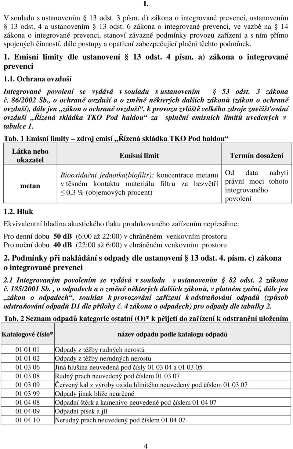 těchto podmínek. 1. Emisní limity dle ustanovení 13 odst. 4 písm. a) zákona o integrované prevenci 1.1. Ochrana ovzduší Integrované povolení se vydává v souladu s ustanovením 53 odst. 3 zákona č.