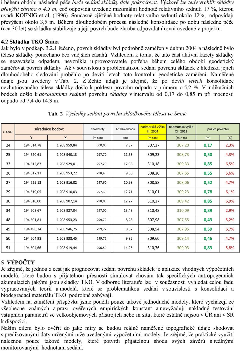 Současně zjištěné hodnoty relativního sednutí okolo 12%, odpovídají převýšení okolo 3,5 m.