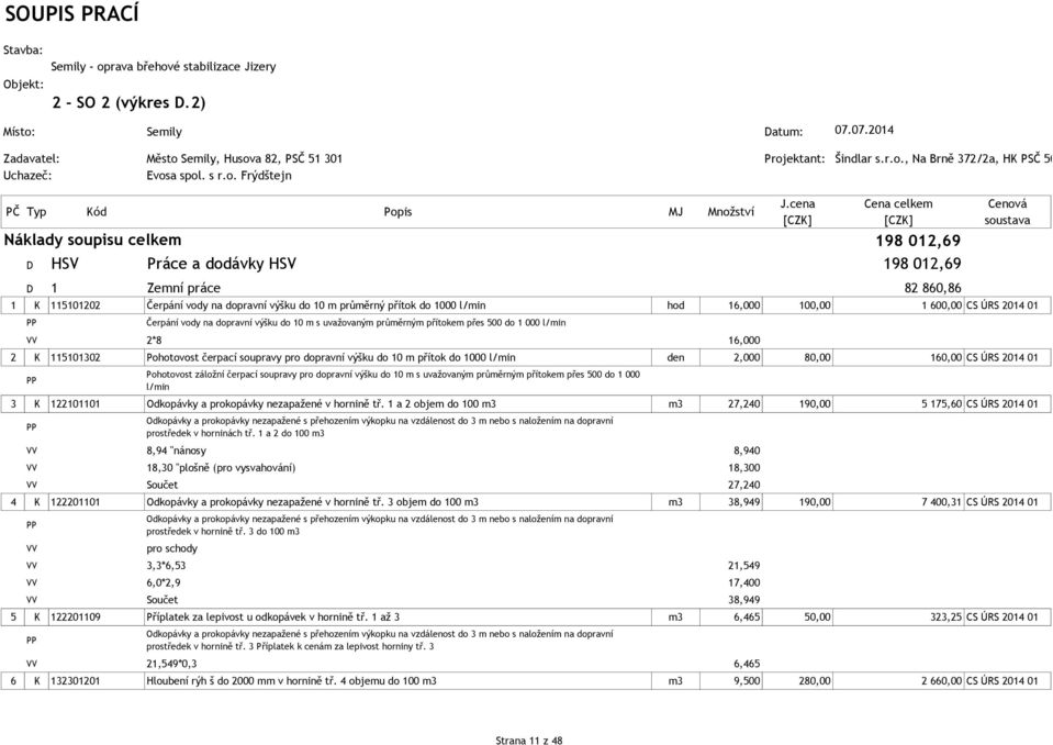 cena Cena celkem Náklady soupisu celkem 198 012,69 D HSV Práce a dodávky HSV 198 012,69 D 1 Zemní práce 82 860,86 1 K 115101202 Čerpání vody na dopravní výšku do 10 m průměrný přítok do 1000 l/min