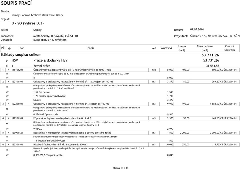 cena Cena celkem Náklady soupisu celkem 53 731,26 D HSV Práce a dodávky HSV 53 731,26 Cenová soustava D 1 Zemní práce 31 584,55 1 K 115101202 Čerpání vody na dopravní výšku do 10 m průměrný přítok do