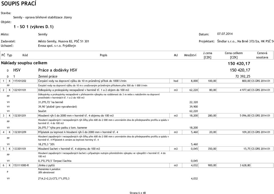 cena Cena celkem Náklady soupisu celkem 150 420,17 Cenová soustava D HSV Práce a dodávky HSV 150 420,17 D 1 Zemní práce 72 392,25 1 K 115101202 Čerpání vody na dopravní výšku do 10 m průměrný přítok