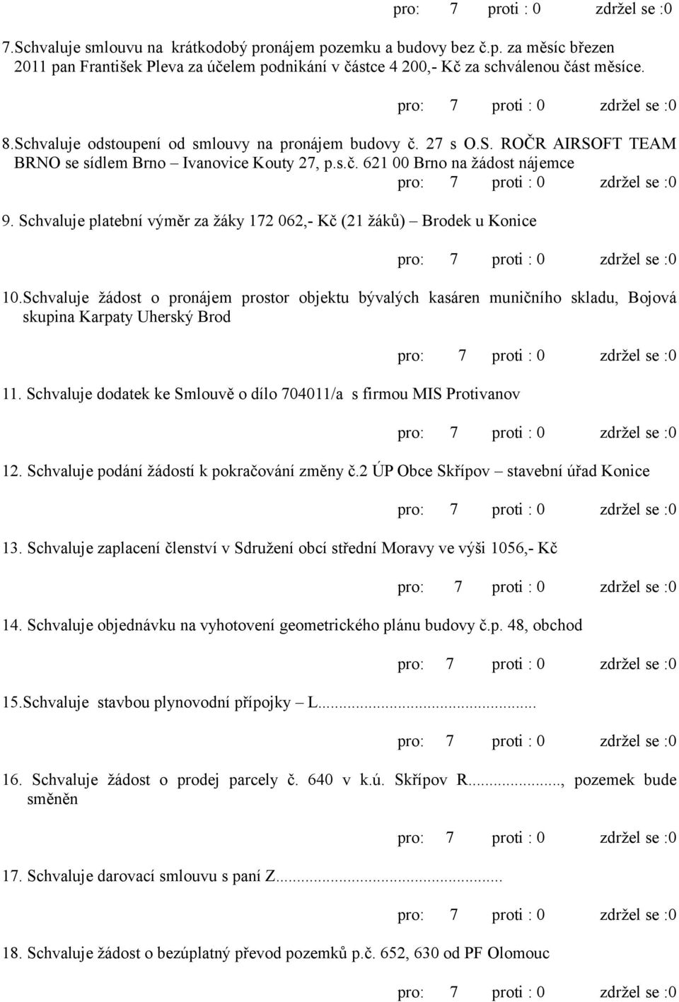 Schvaluje platební výměr za žáky 172 062,- Kč (21 žáků) Brodek u Konice 10.Schvaluje žádost o pronájem prostor objektu bývalých kasáren muničního skladu, Bojová skupina Karpaty Uherský Brod 11.