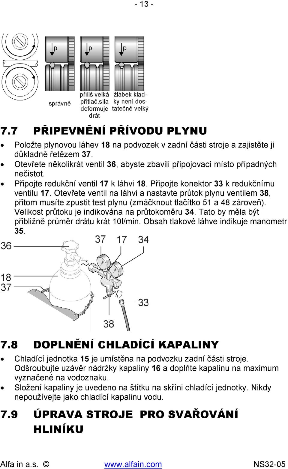 Otevřete ventil na láhvi a nastavte průtok plynu ventilem 38, přitom musíte zpustit test plynu (zmáčknout tlačítko 51 a 48 zároveň). Velikost průtoku je indikována na průtokoměru 34.