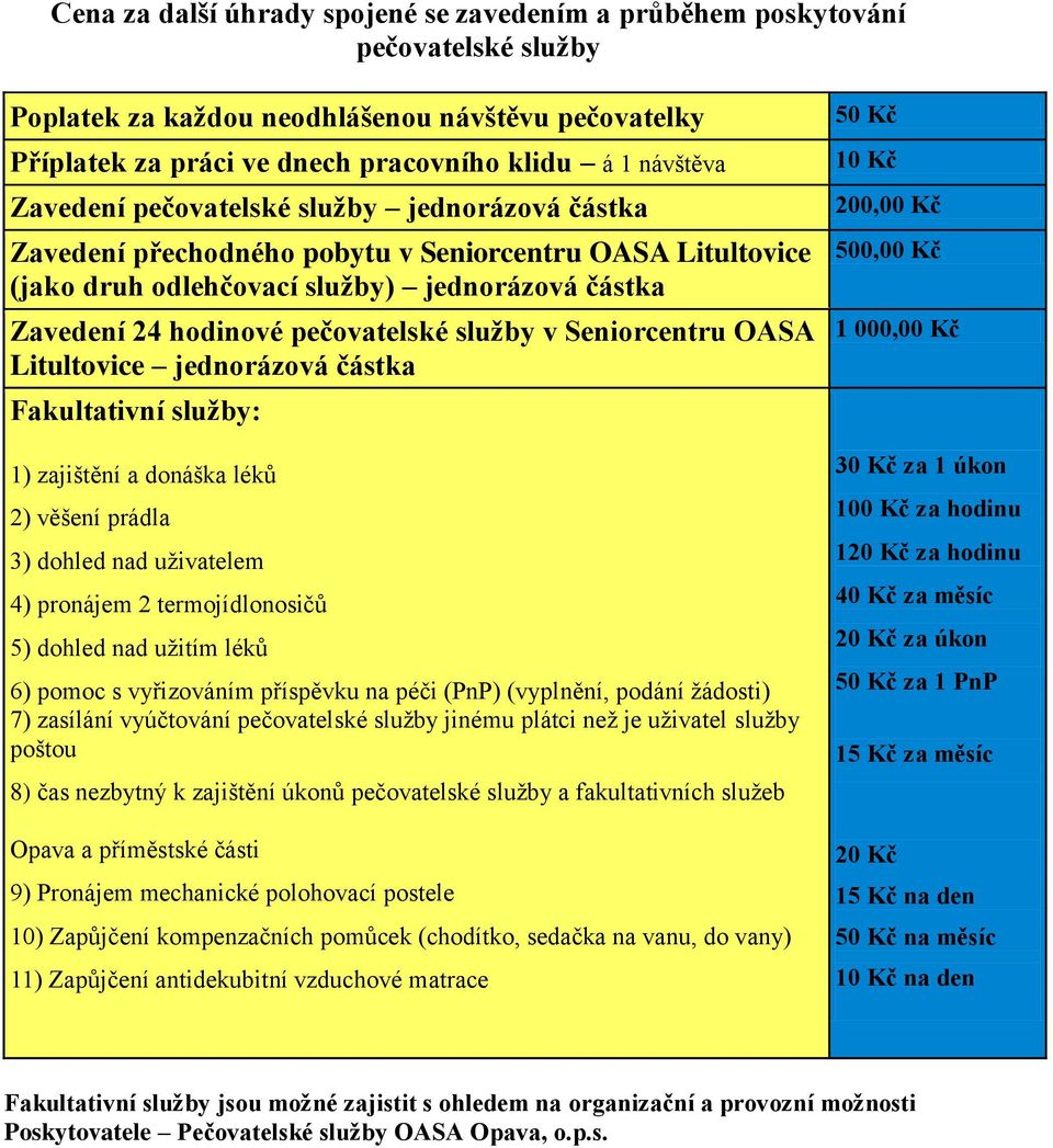 v Seniorcentru OASA Litultovice jednorázová částka Fakultativní služby: 1) zajištění a donáška léků 2) věšení prádla 3) dohled nad uživatelem 4) pronájem 2 termojídlonosičů 5) dohled nad užitím léků