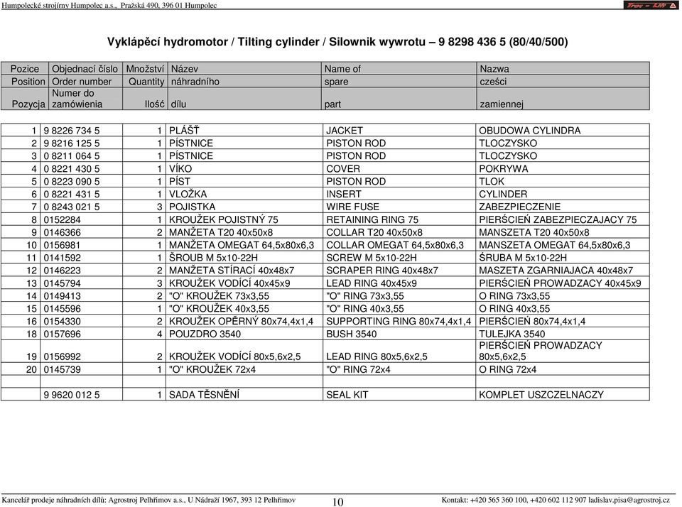 0 8221 431 5 1 VLOŽKA INSERT CYLINDER 7 0 8243 021 5 3 POJISTKA WIRE FUSE ZABEZPIECZENIE 8 0152284 1 KROUŽEK POJISTNÝ 75 RETAINING RING 75 PIERŚCIEŃ ZABEZPIECZAJACY 75 9 0146366 2 MANŽETA T20 40x50x8