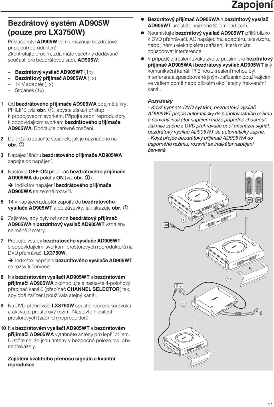 přijímače AD905WA odejměte kryt PHILIPS,viz obr. 1, abyste získali přístup k propojovacím svorkám. Připojte zadní reproduktory k odpovídajícím svorkám bezdrátového přijímače AD905WA.