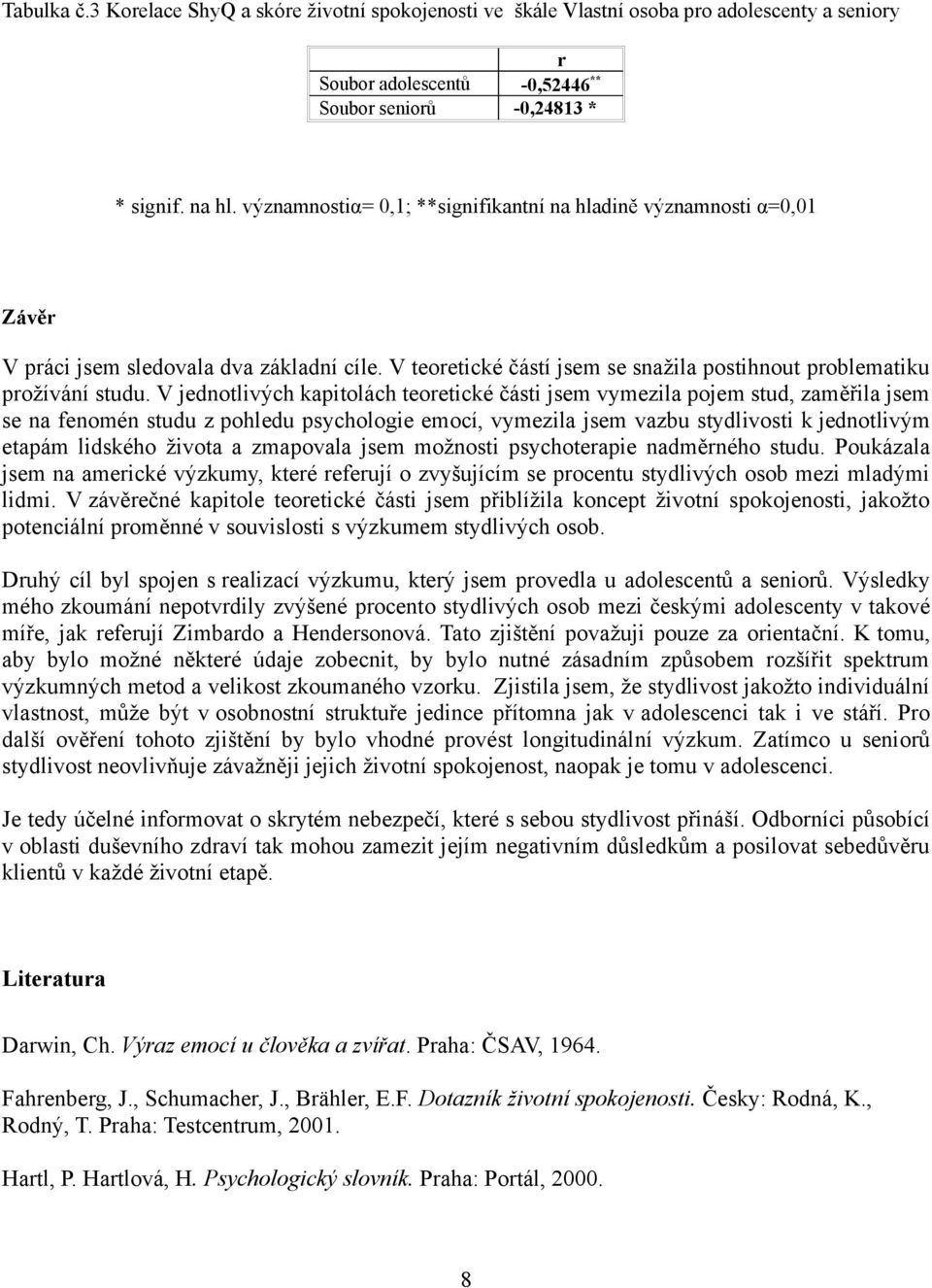 V jednotlivých kapitolách teoretické části jsem vymezila pojem stud, zaměřila jsem se na fenomén studu z pohledu psychologie emocí, vymezila jsem vazbu stydlivosti k jednotlivým etapám lidského